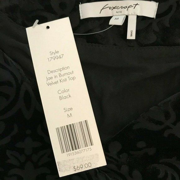 Foxcroft Black Velvet Burnout Textured Blouse Sz M - Picture 8 of 8
